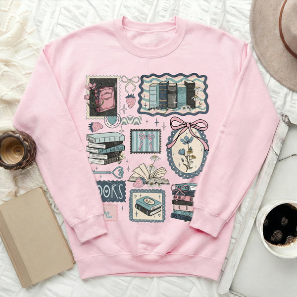 Vintage Stamps Books Sweatshirt in Light Pink