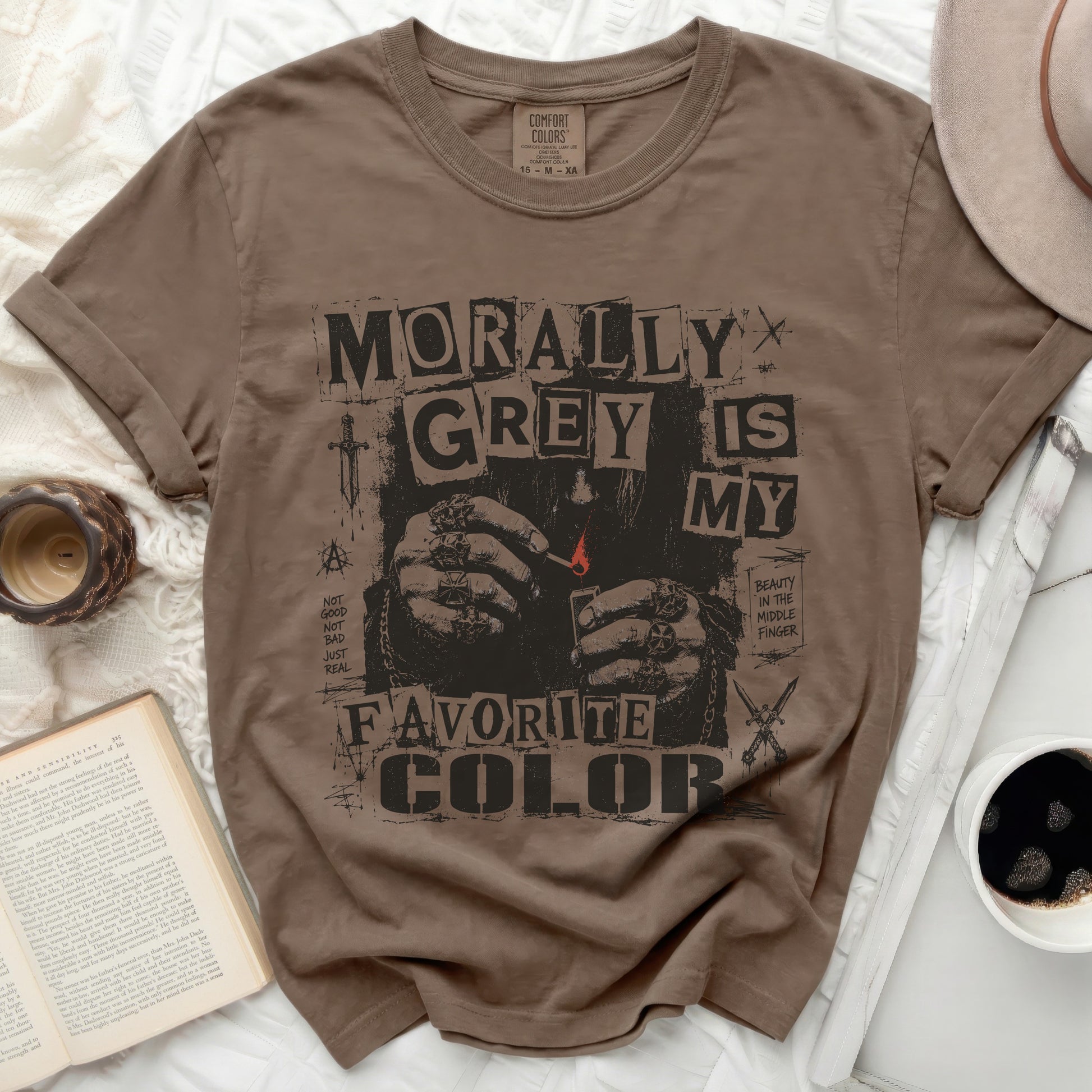 Brown t-shirt with "MORALLY GREY IS MY FAVORITE COLOR" text design.