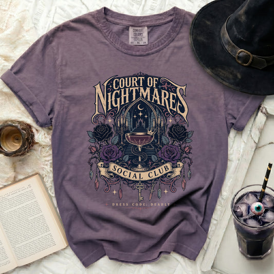 Court of Nightmares Social Club t-shirt with gothic artwork and dress code Deadly.