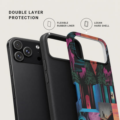 An exploded view of a smartphone case showing a black phone, flexible rubber liner, and printed hard shell.