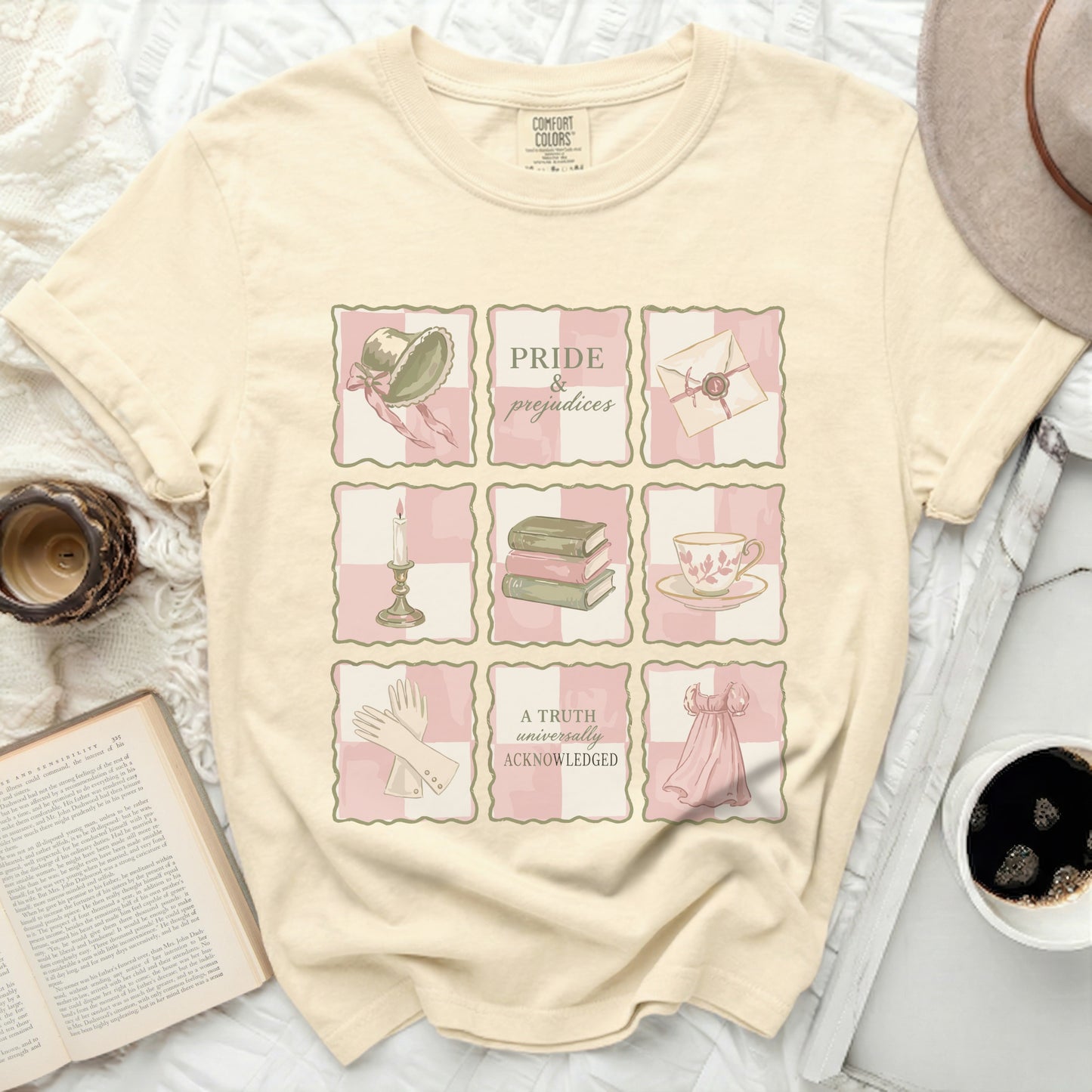 Comfort Colors t-shirt with Pride and Prejudices themed grid print.