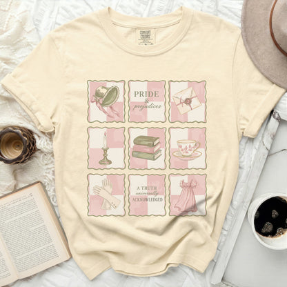 Comfort Colors t-shirt with Pride and Prejudices themed grid print.