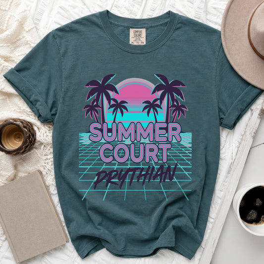 Teal t-shirt with "Summer Court Prythian" text and retro sunset palm tree graphic.