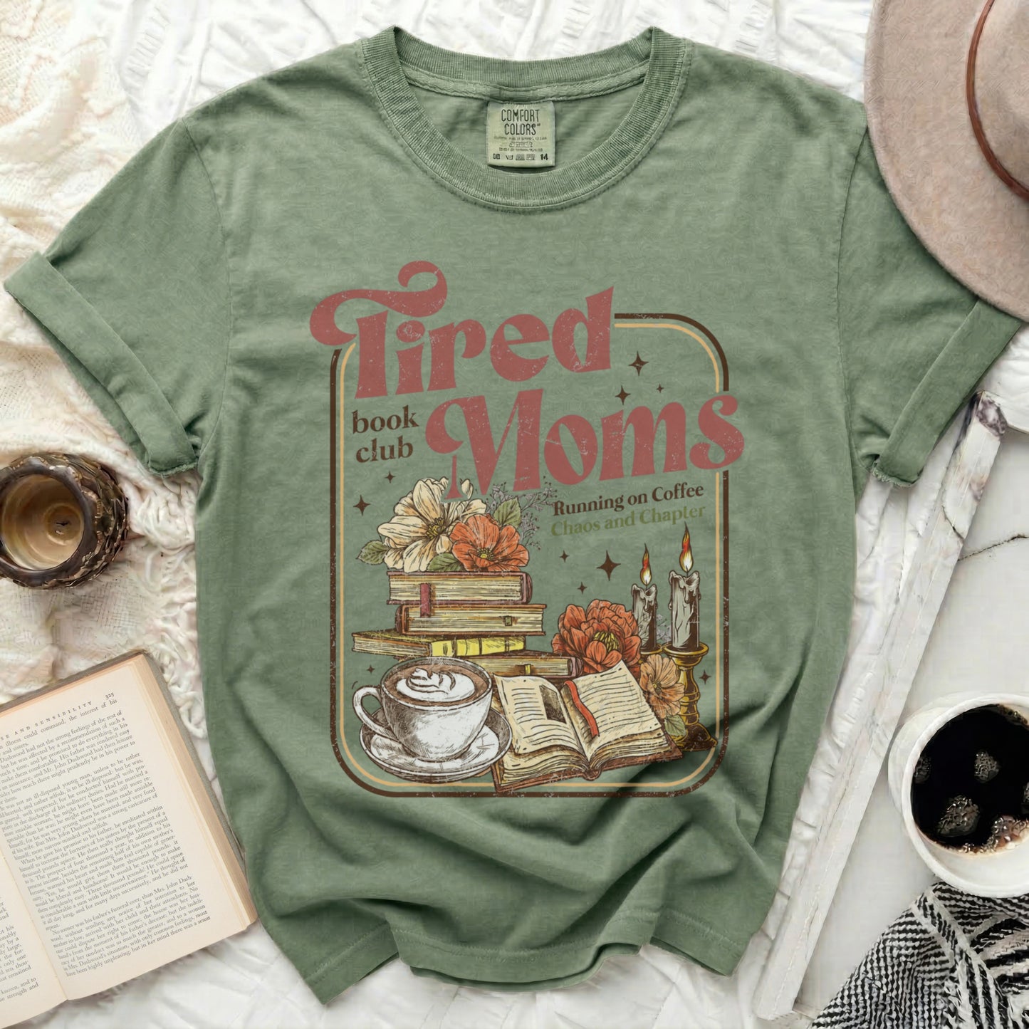 Tired Moms Book Club graphic tee with coffee, books, and candles.