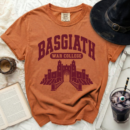 Orange t-shirt with "Basgiath War College" text and castle graphic.