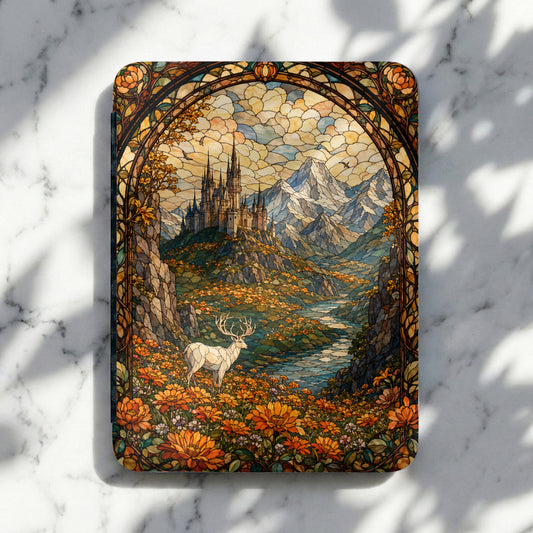 Stained glass art of a white stag in a field of orange flowers with a castle and mountains.