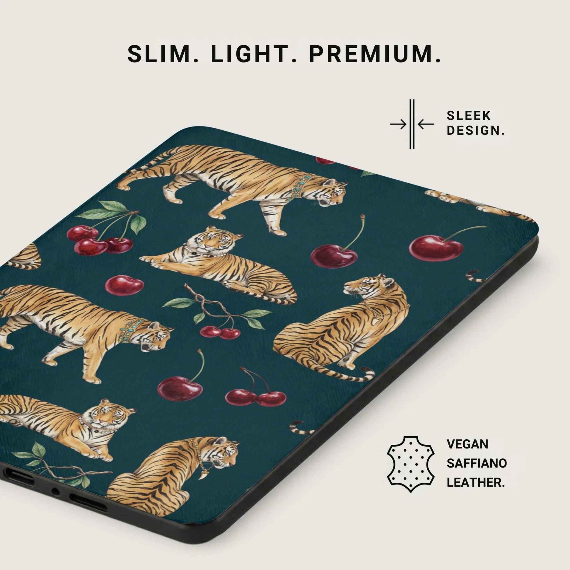 Case with tigers and cherries pattern, and "SLIM. LIGHT. PREMIUM." text.