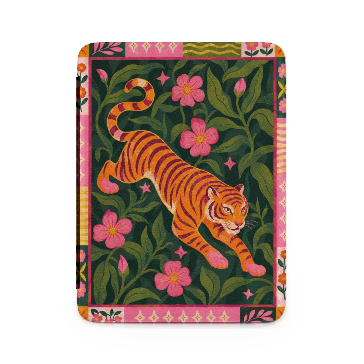 Orange tiger with purple stripes on dark green foliage with pink flowers and decorative border.