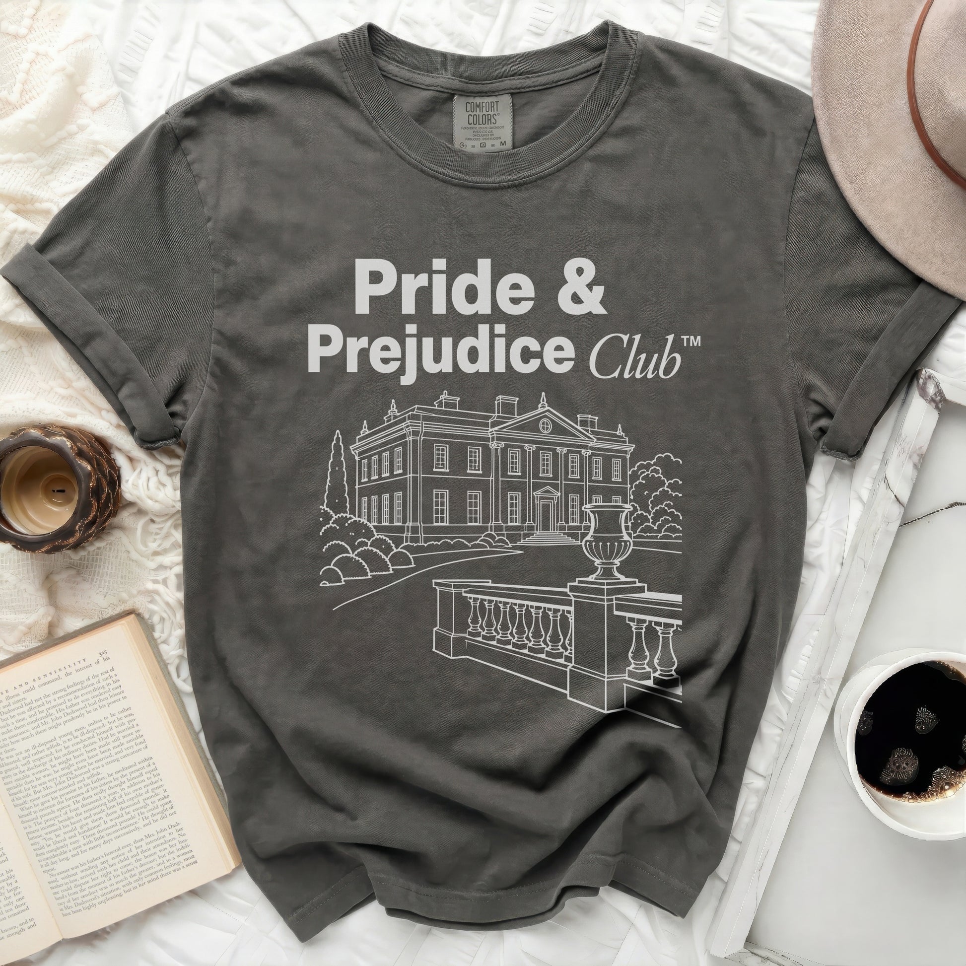 Pride & Prejudice Club graphic tee with neoclassical building illustration.