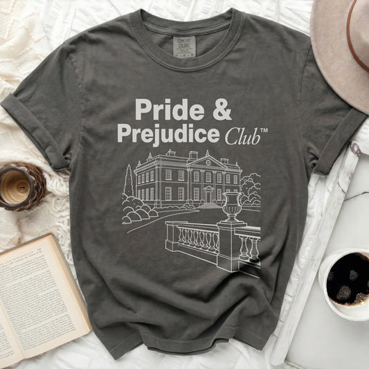 Pride & Prejudice Club graphic tee with neoclassical building illustration.