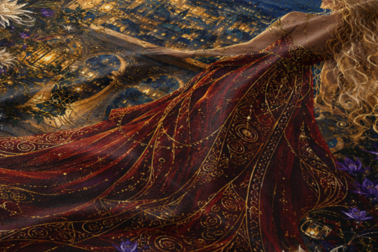 Woman in ornate red dress with gold patterns against a city skyline.