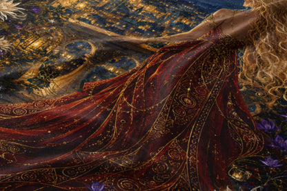 Woman in ornate red dress with gold patterns against a city skyline.