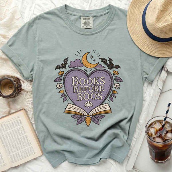Books Before Boos Emblem Tee in Bay