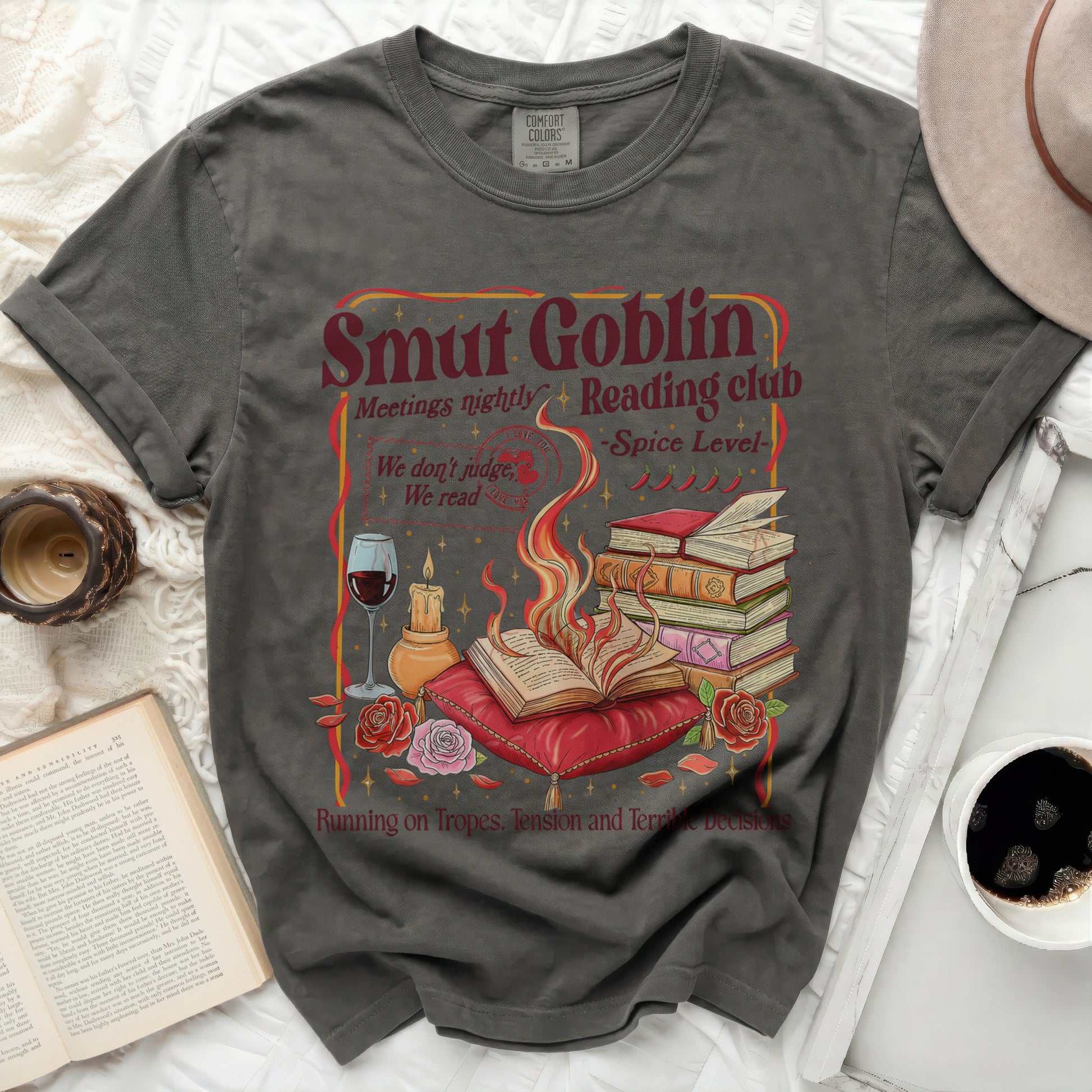 Smut Goblin Reading Club shirt with book, wine, and candle graphic.