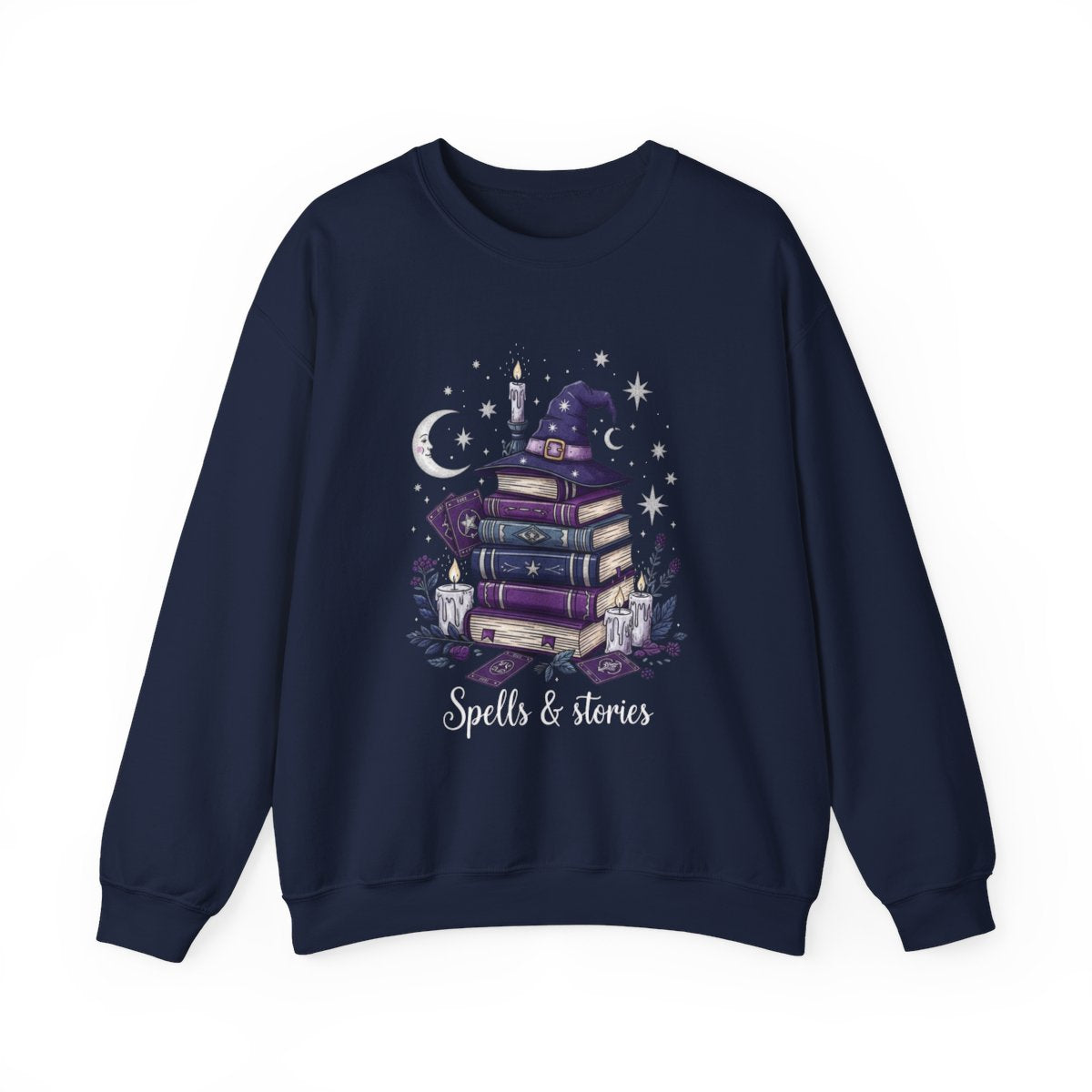Spells Stories Stack Books Witch Hat Graphic Sweatshirt - MagicMerchEmporium