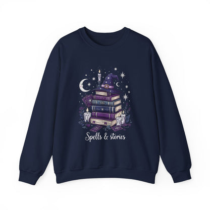 Spells Stories Stack Books Witch Hat Graphic Sweatshirt - MagicMerchEmporium