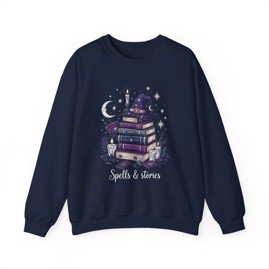 Spells Stories Stack Books Witch Hat Graphic Sweatshirt - MagicMerchEmporium