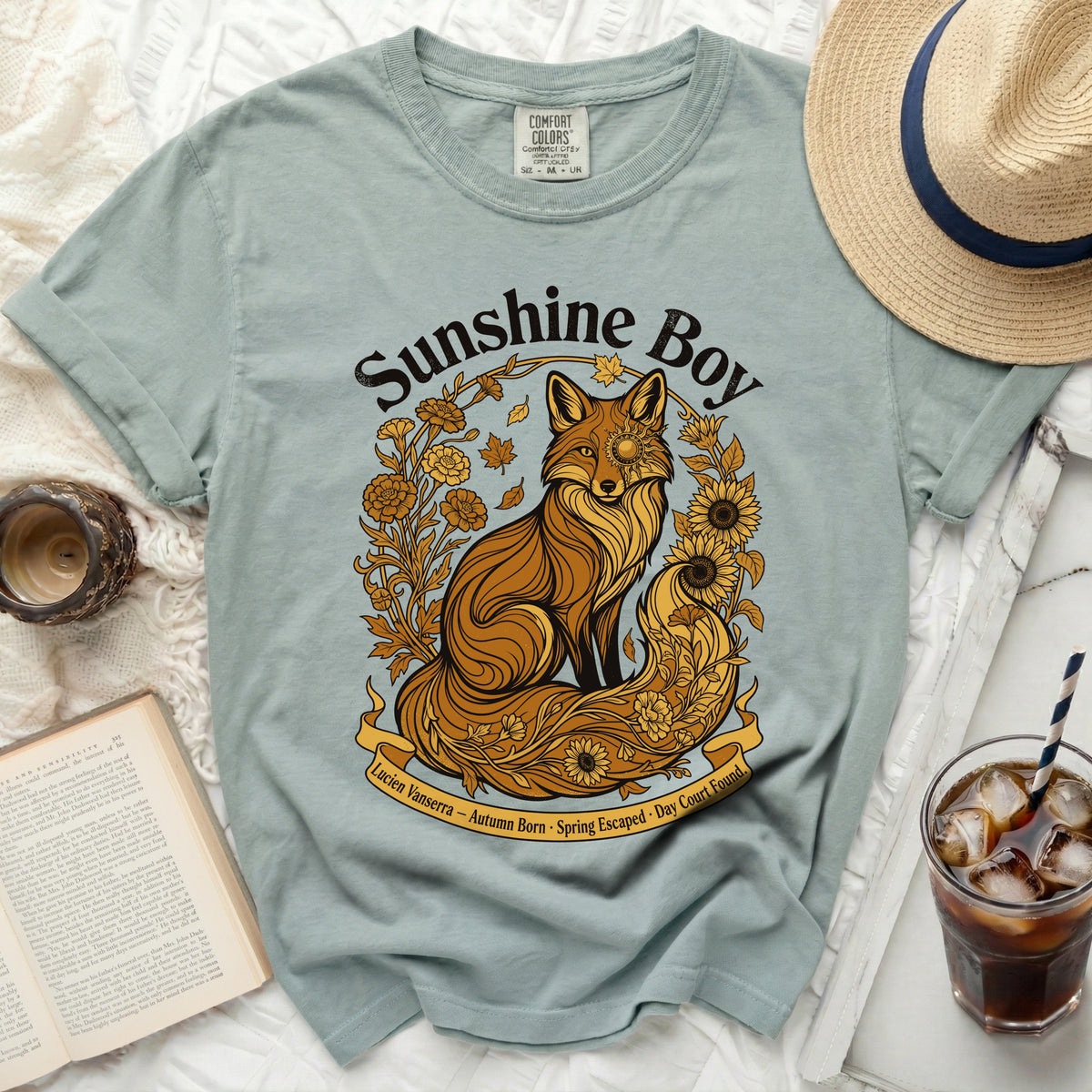 T-shirt with fox graphic and text "Sunshine Boy Lucien Vanserra Autumn Born Spring Escaped Day Court Found".