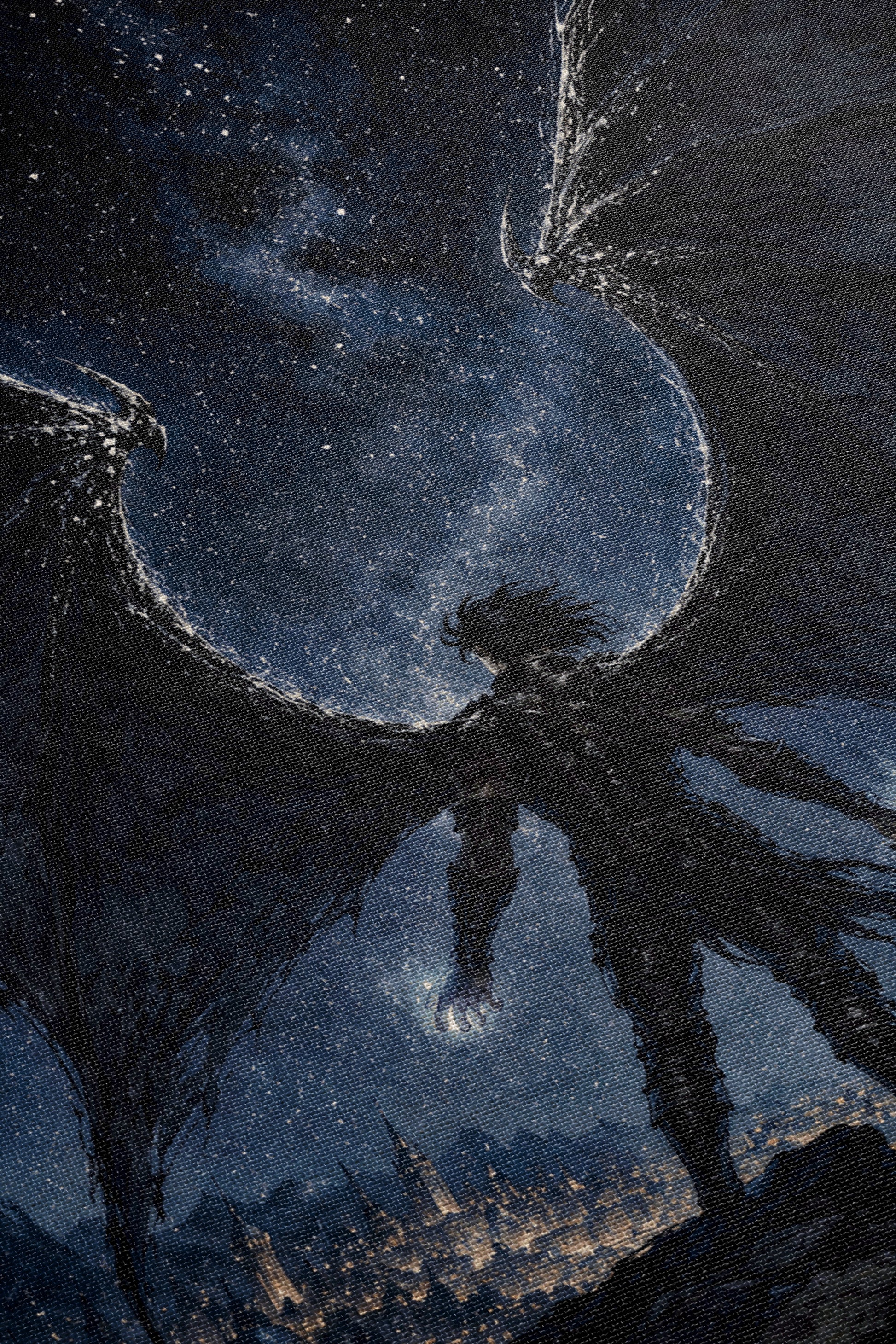 a large, winged creature with a glowing, ethereal aura standing in a dark, starry night sky.