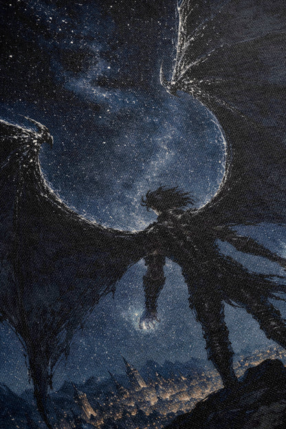 a large, winged creature with a glowing, ethereal aura standing in a dark, starry night sky.