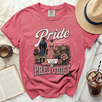 Pink t-shirt with "Pride & Prejudice" text and illustration.