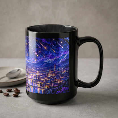 A black coffee mug features a stained-glass illustration of a city beneath a starry night sky.