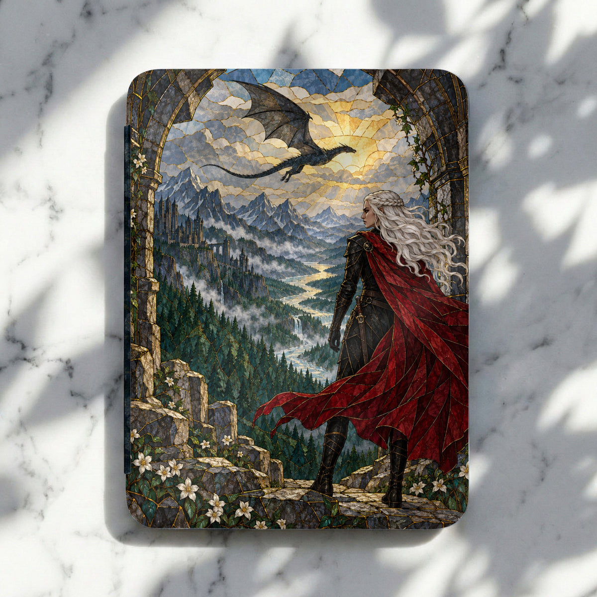 Woman with white hair in a red cape gazes at dragon flying over a fantasy landscape.