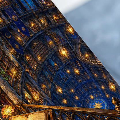 Ornate stained glass library ceiling with hanging lanterns and celestial banners.