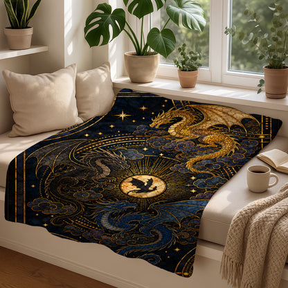 Dragon tapestry featuring gold, black, and blue dragons against a dark, starry sky.