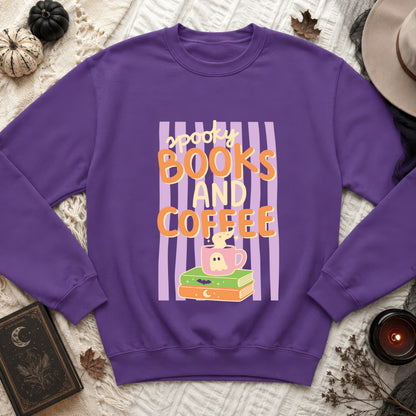 Purple sweatshirt with "spooky books and coffee" graphic and Halloween decor.