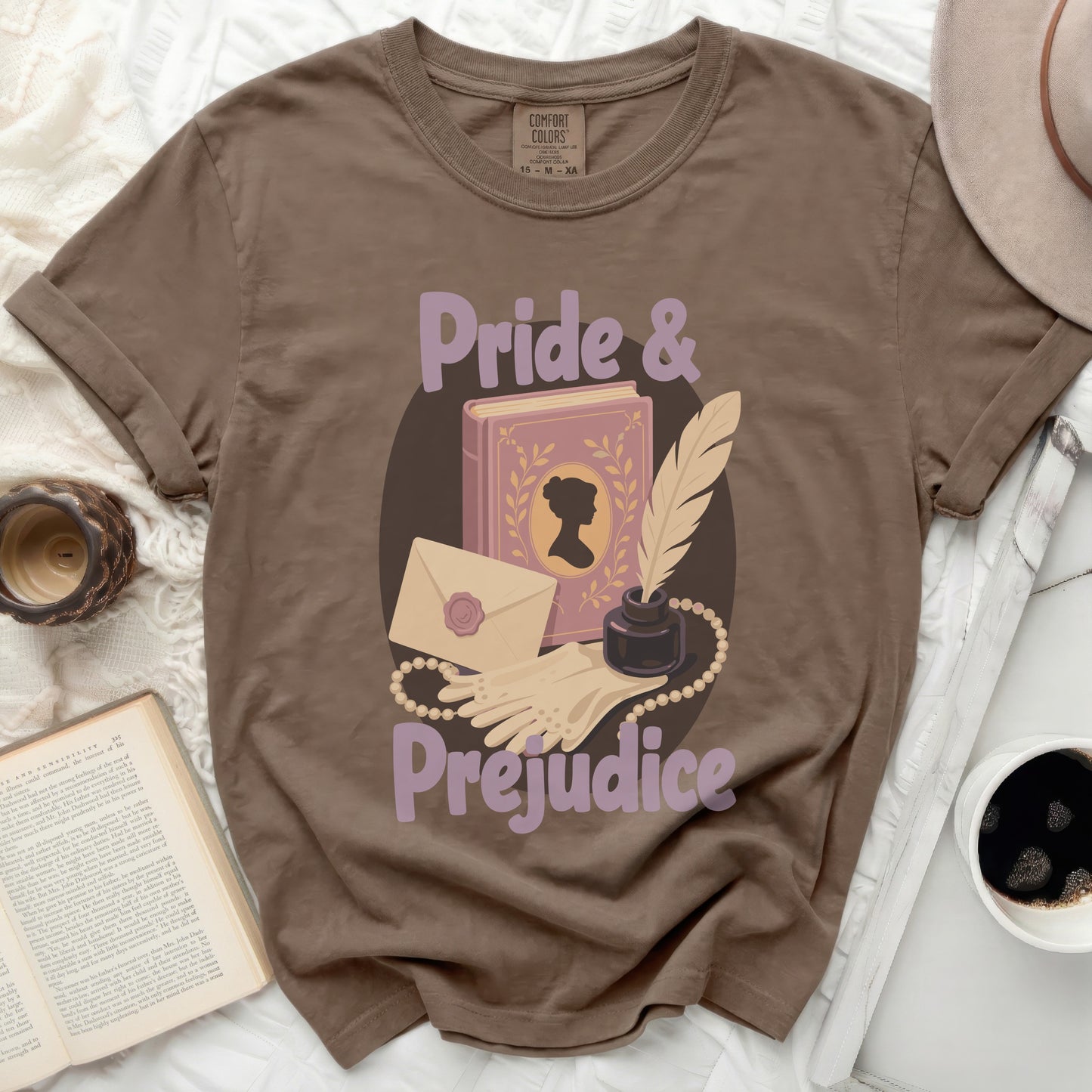 Brown t-shirt with "Pride & Prejudice" graphic featuring a book.