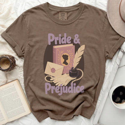 Brown t-shirt with "Pride & Prejudice" graphic featuring a book.