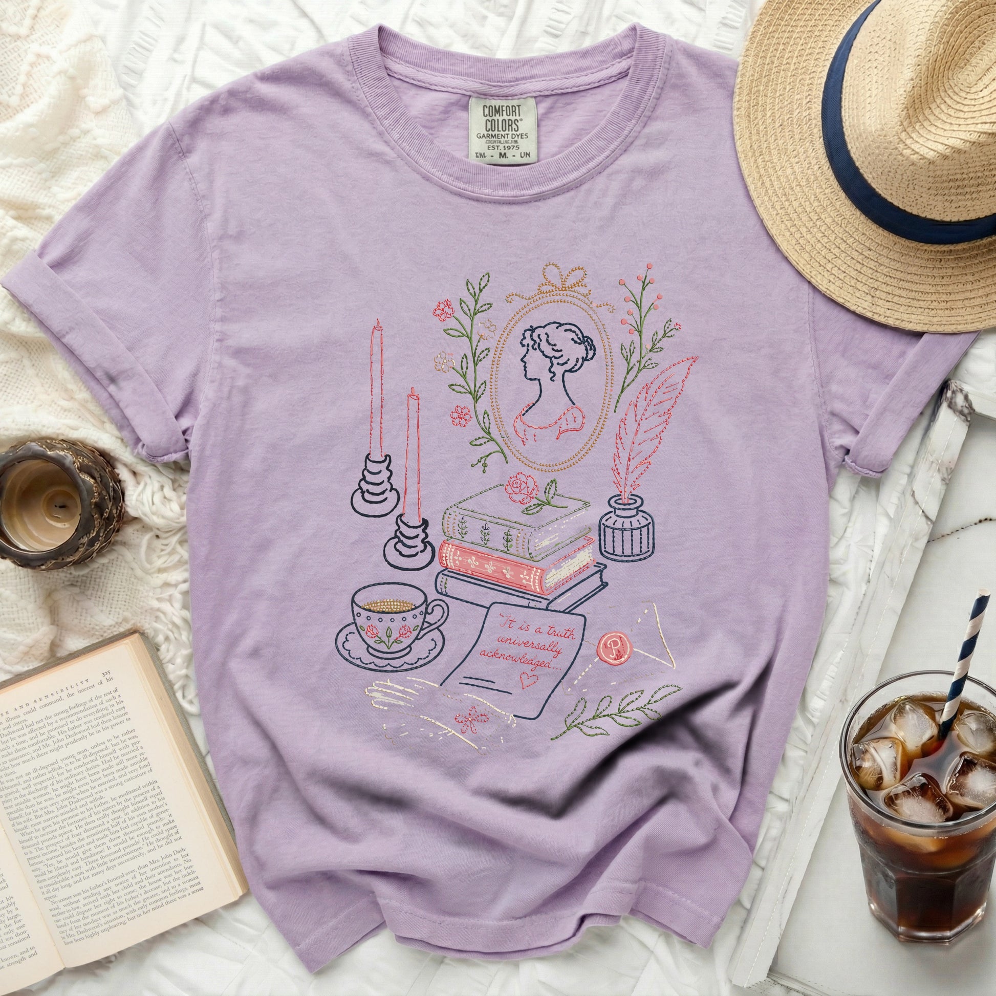 Lavender t-shirt with embroidered vintage scene and quote.