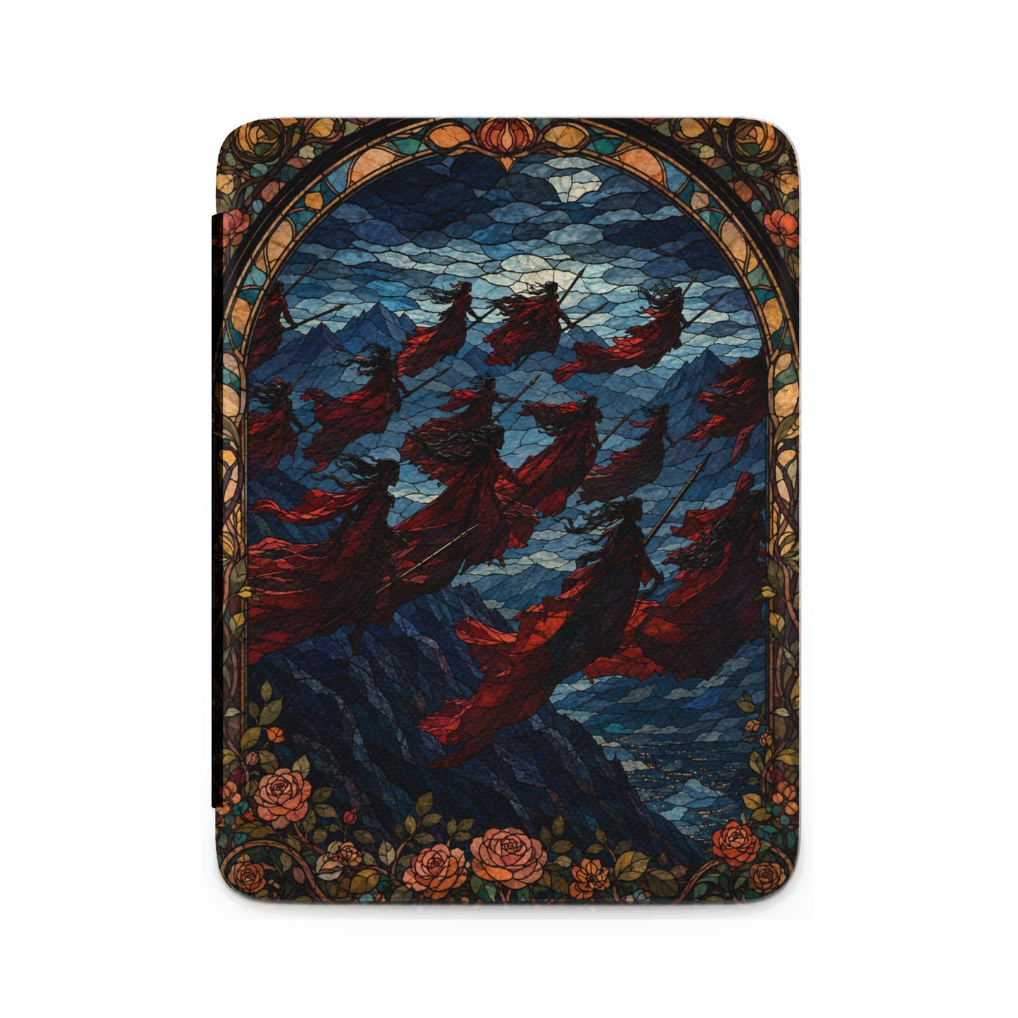 Stained glass design of figures in red cloaks flying over mountains with floral border.
