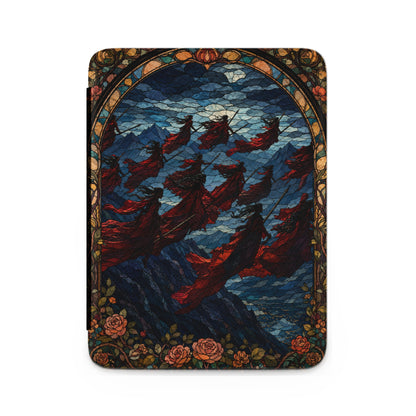 Stained glass design of figures in red cloaks flying over mountains with floral border.
