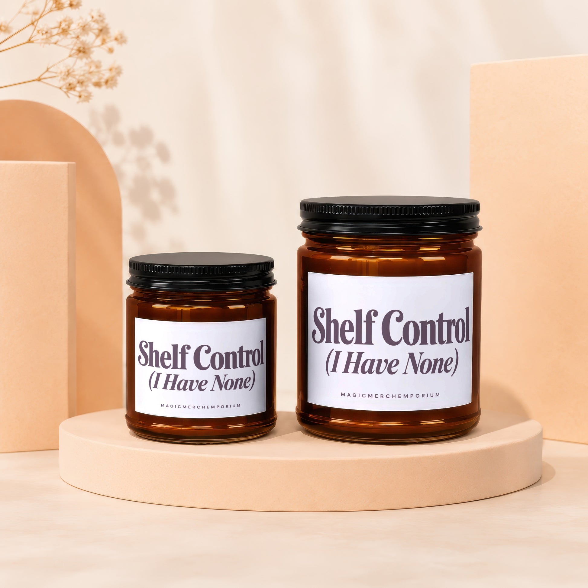 Two amber jars with black lids, labeled "Shelf Control (I Have None)".