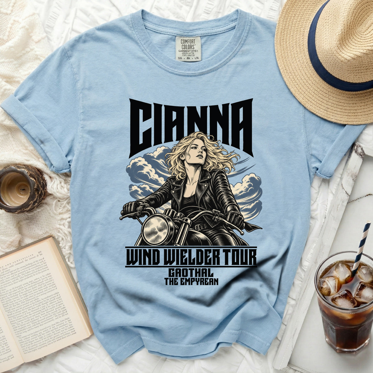Light blue t-shirt with "CIANNA WIND WIELDER TOUR GAOTHAL THE EMPYREAN" graphic.