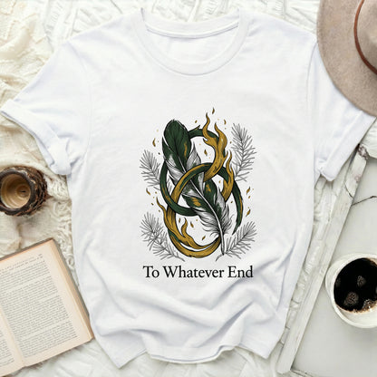 White t-shirt with green and gold feather and flame design, "To Whatever End" text.