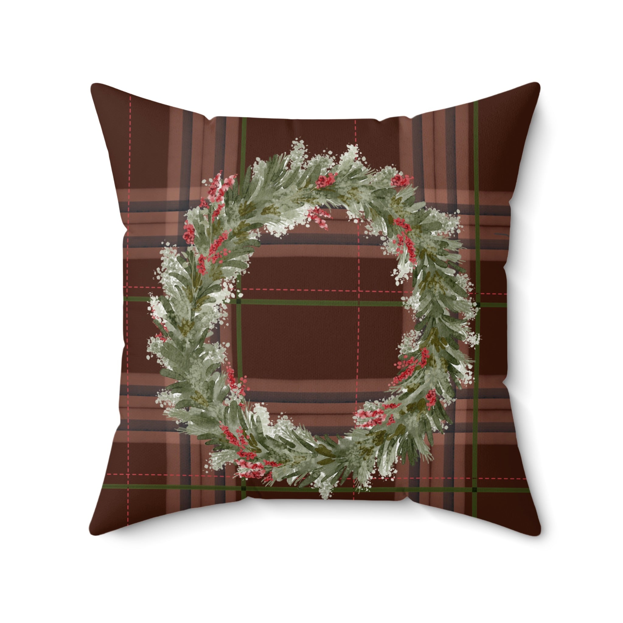 Festive Holiday Wreath Decor on Plaid Accent Pillow