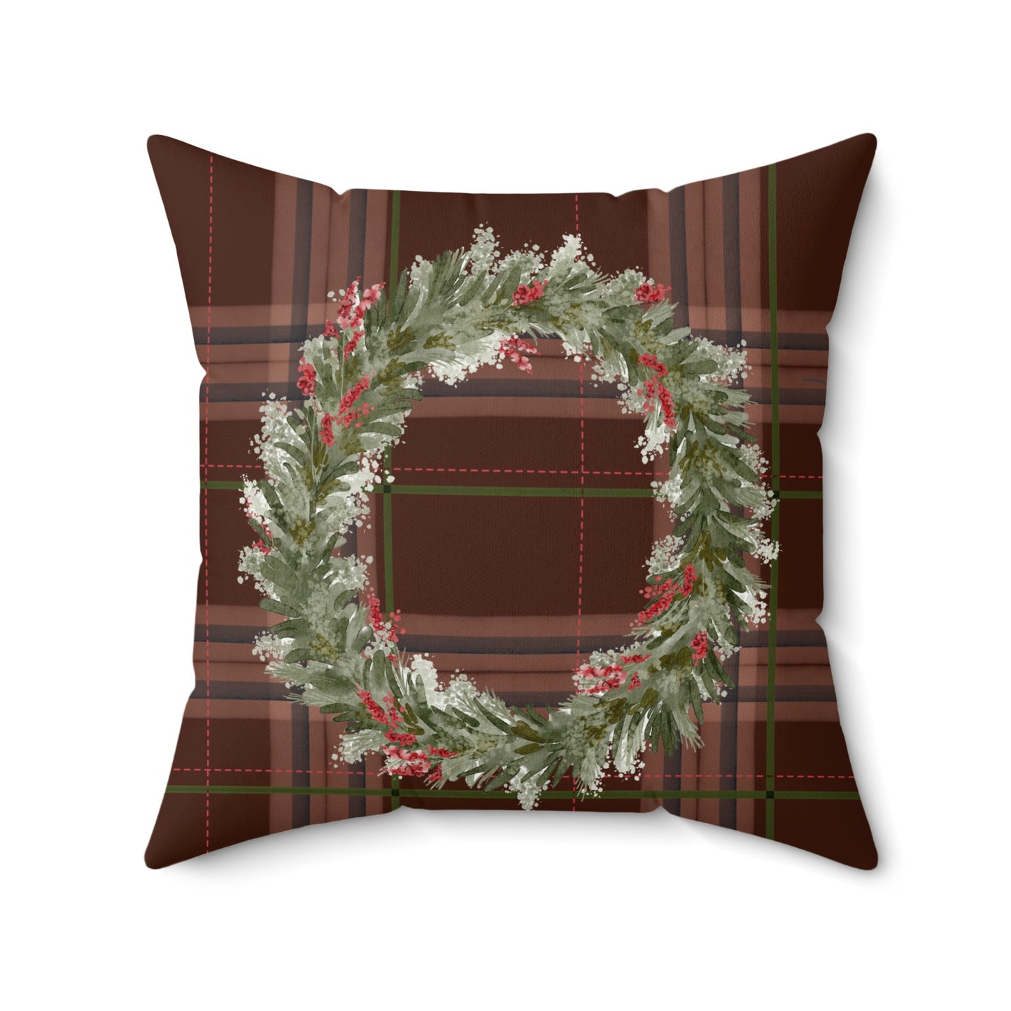 Festive Holiday Wreath Decor on Plaid Accent Pillow