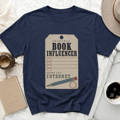 Navy t-shirt with "Original Book Influencer Before The Internet" graphic.