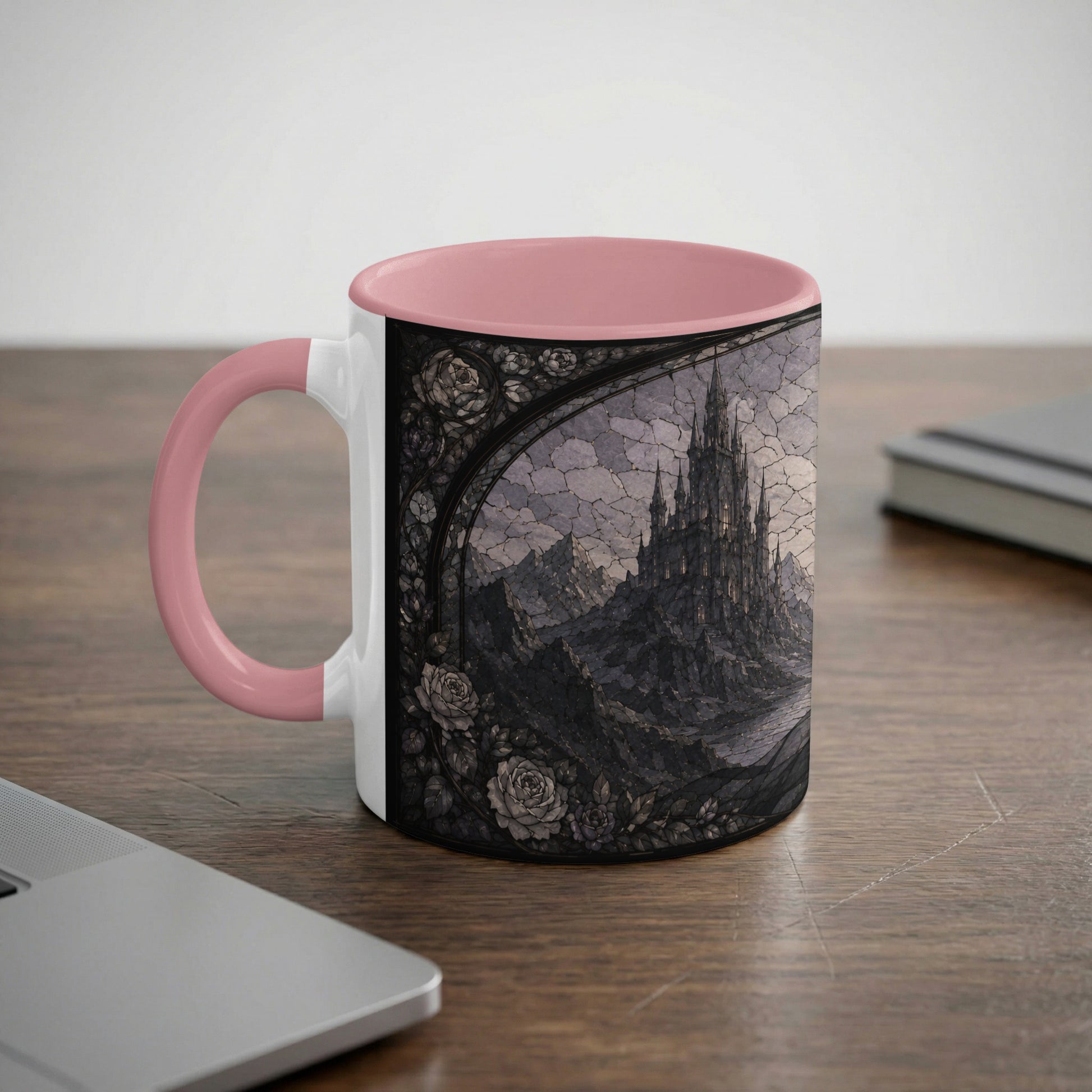 White mug with pink handle featuring gothic castle and roses design