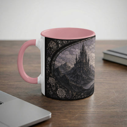 White mug with pink handle featuring gothic castle and roses design