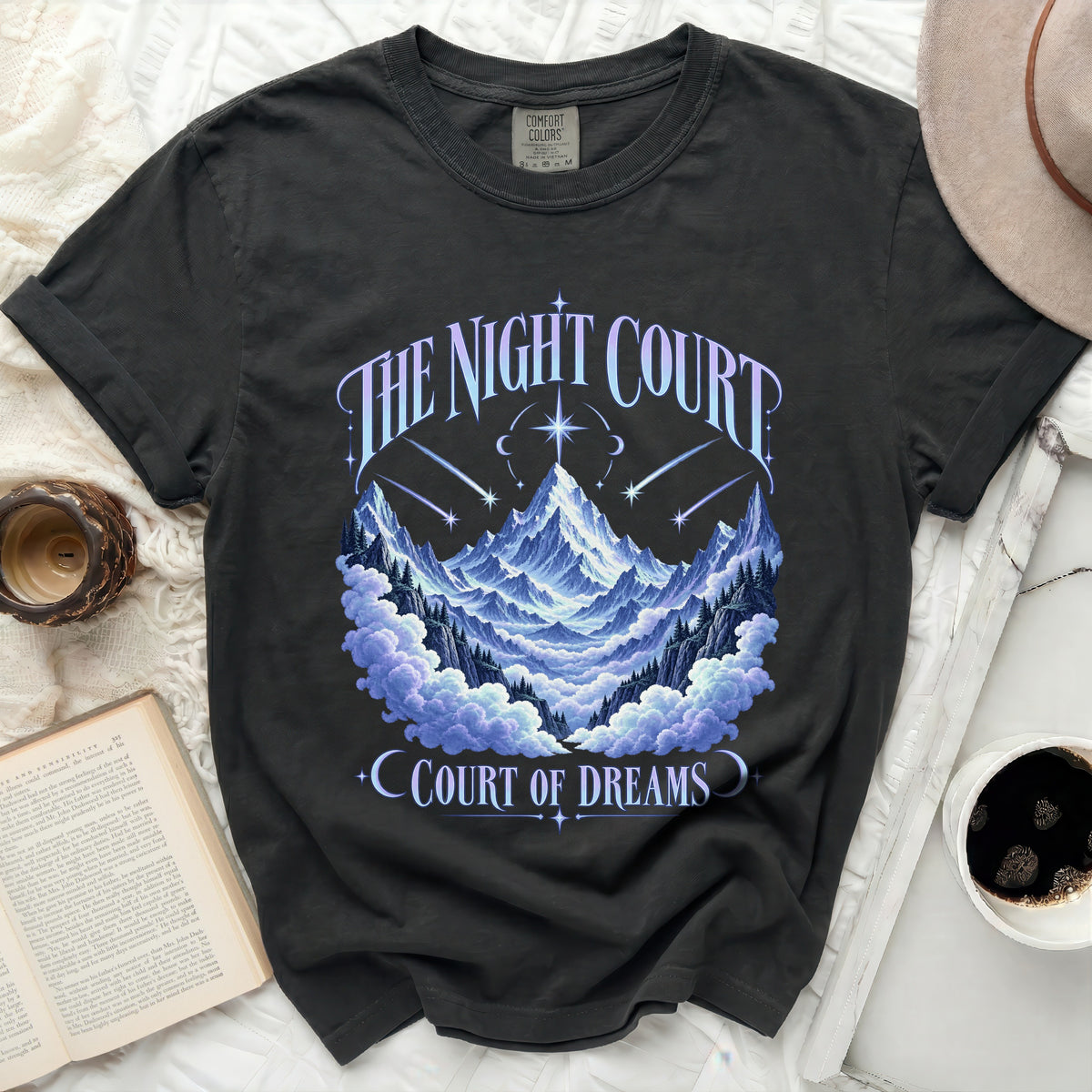 Dark t-shirt with "The Night Court" and "Court of Dreams" text over a mountainous landscape.