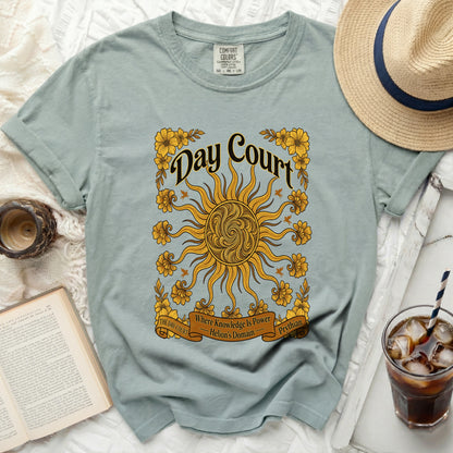 Comfort Colors dusty blue t-shirt with "Day Court" and sun graphic.