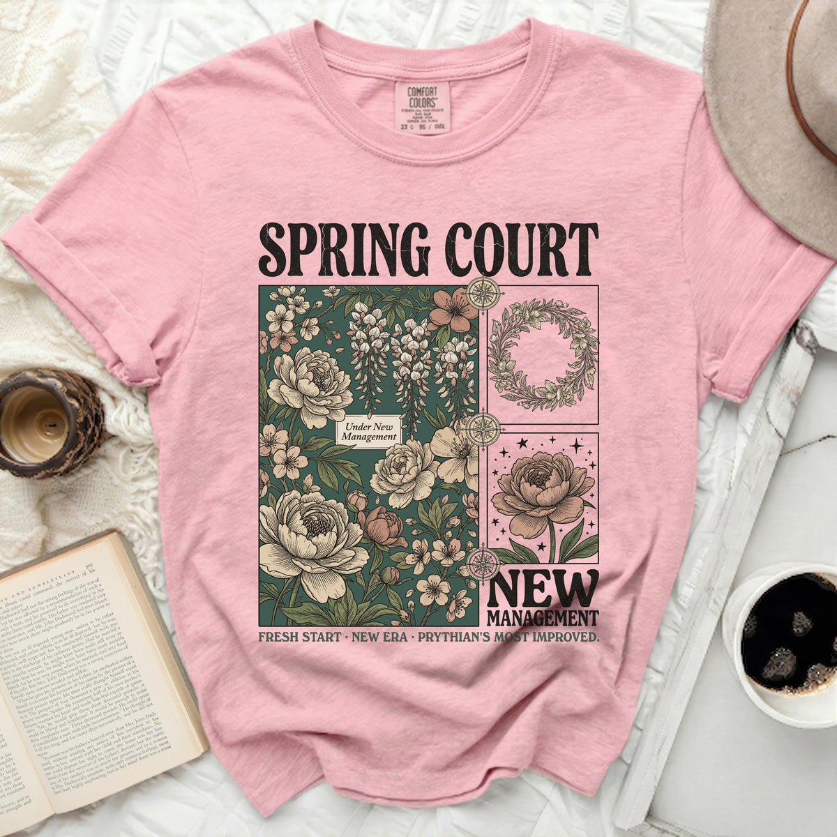 Pink t-shirt with "SPRING COURT" and floral graphic with text "Under New Management."
