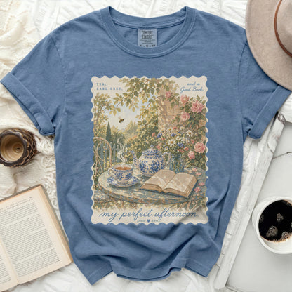Blue t-shirt with "Tea, Earl Grey, and a Good Book. my perfect afternoon." text.