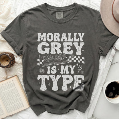 Morally Grey Is My Type graphic tee with books and flowers.