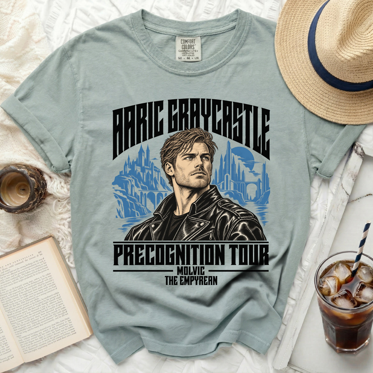 "Aaric Graycastle Precognition Tour" graphic t-shirt with illustration of a man.