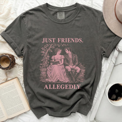 Grey t-shirt with pink text "JUST FRIENDS. ALLEGEDLY." and illustration of a couple.